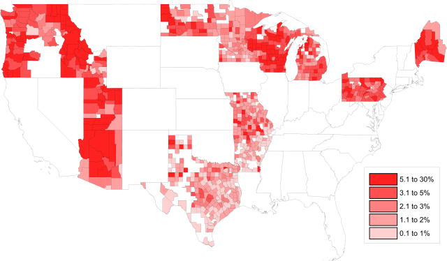 Heat map of county-level nonmedical exemptions (NME) rates for vaccination in the U.S., 2016-2017. Graphic: Olive, et al., 2018 / PLOS Medicine