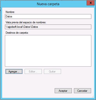 Crear espacio de nombres en DFS de Windows Server 2012 R2