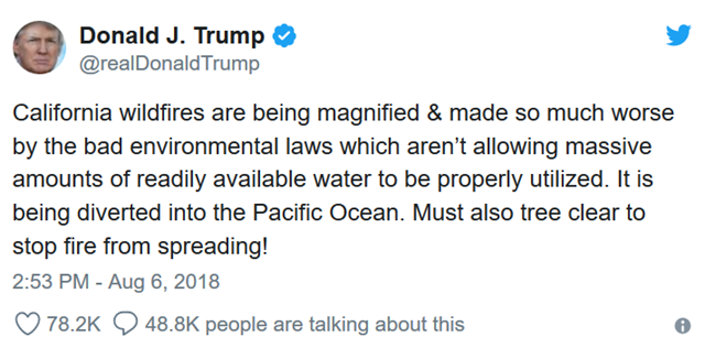 Trump's tweet on 6 August 2018 claiming that 'California wildfires are being magnified & made so much worse by the bad environmental laws'. Graphic: Twitter