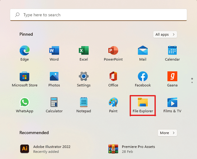 เปิด File Explorer ผ่านเมนู Start |  วิธีล้างแคชใน Windows 11