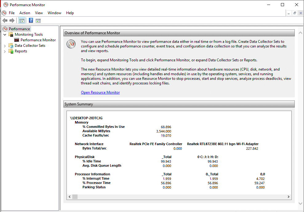 Cuando abra Performance Monitor por primera vez, verá la descripción general y el resumen del sistema