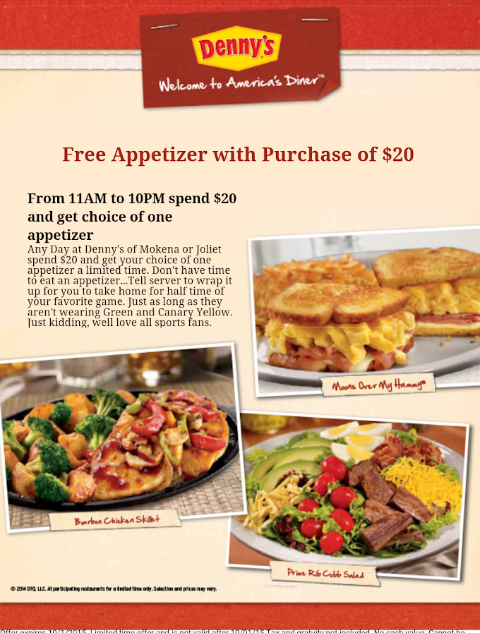 #DENNYS: *Free #Appetizer At #Joliet & #Mokena IL Locations Only!