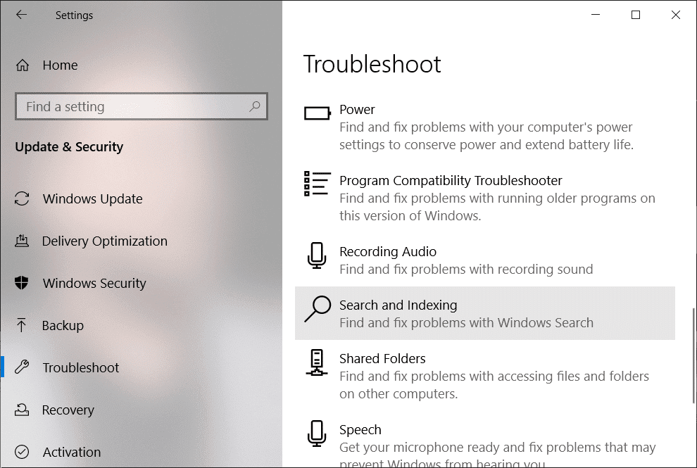 Maintenant, sous Rechercher et résoudre d'autres problèmes, cliquez sur Rechercher et indexer