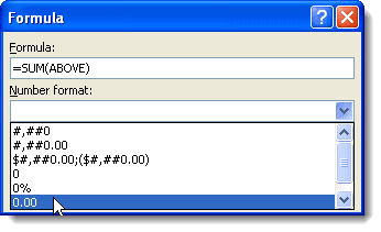 Selezione di un formato numerico nella finestra di dialogo Formula in Word 2007