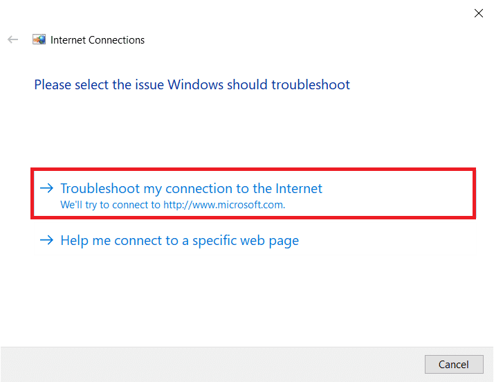 Scegli l'opzione Risoluzione dei problemi di connessione a Internet.