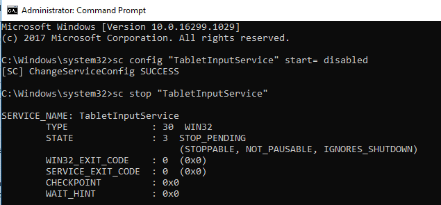 Escriba el comando para volver a habilitar el servicio sc config “TabletInputService” start= auto sc start “TabletInputService