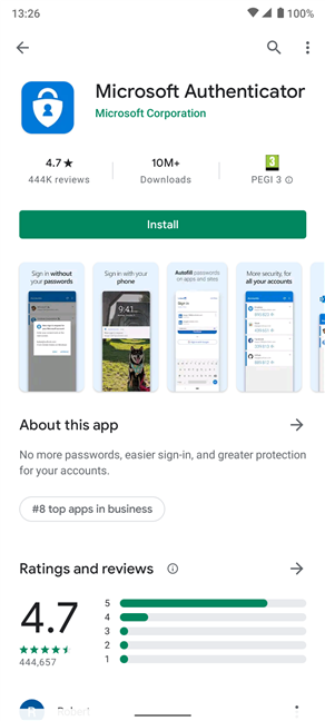 Приложение Microsoft Authenticator в магазине Google Play.