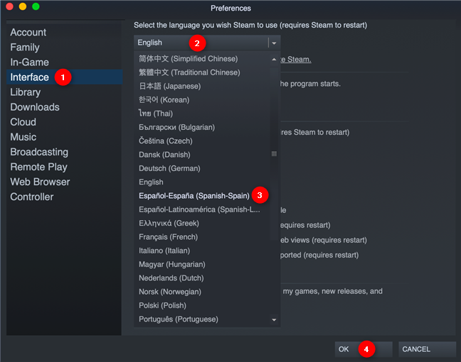 Las preferencias de idioma de Steam en macOS