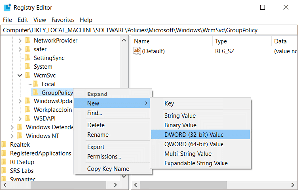 คลิกขวาที่ GroupPolicy จากนั้นเลือก New และ DWORD (32-bit) Value