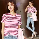 經典橫條紋刷色感圓領上衣(紅白條) Pink東大門