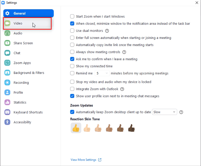 Přejděte na kartu Video.  Jak opravit chybu Zoom Invalid Meeting ID Error ve Windows 10