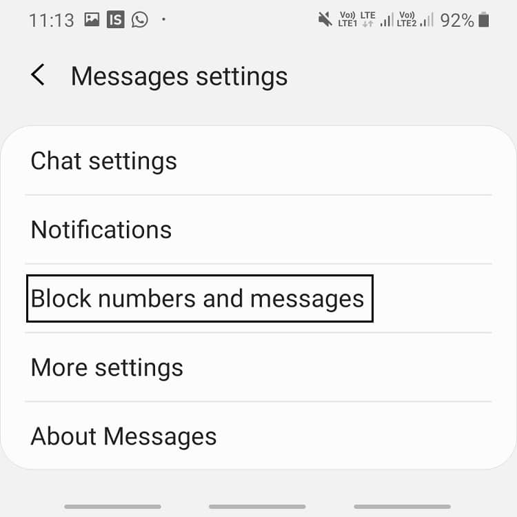 Tocca Blocca numero e messaggi nelle impostazioni Messaggi