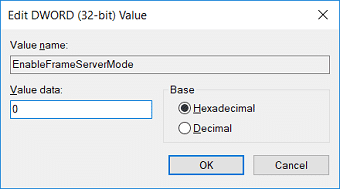 EnableFrameServerMode 값을 0으로 변경