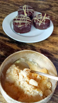 Course 3: one of the two desserts of the Milk + Cookie, the koji brown rice milk bingsoo with toasted barley powder plus the choco pie with coffee marshmallow and puffed rice at Stray Birds, a pop up by Stray Dogs PDX in May 2015