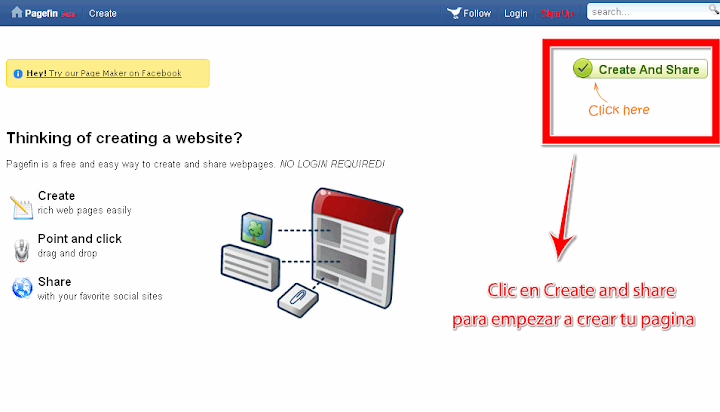 Clic en create and share Pagefin