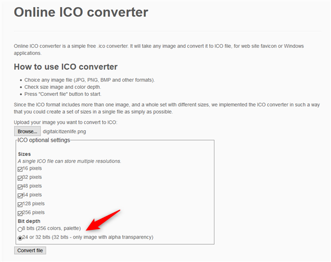 ตัวแปลง ICO ออนไลน์ - การเลือกความลึกของบิตของไฟล์ ICO