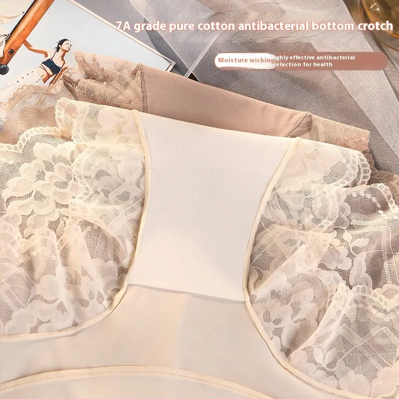 Dames high waist ondergoed plus size sexy kant 7A katoen antibacterieel kruis buikcorrigerend heupversteviging.
