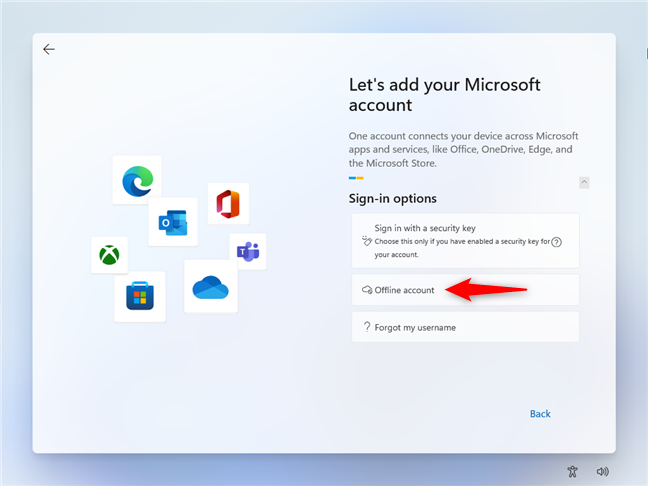 Scegli Account offline se non desideri un account Microsoft