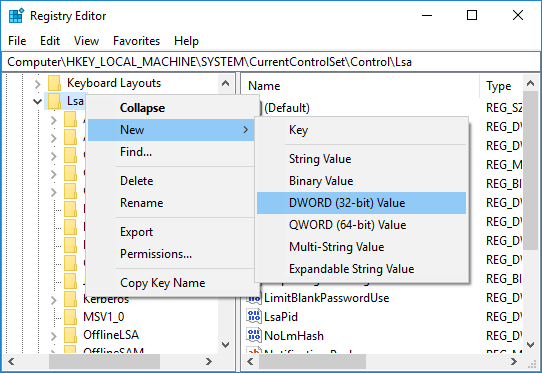 Haga clic derecho en LSA, luego seleccione Nuevo y luego Valor DWORD (32 bits)