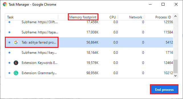 wybierz zadanie i kliknij przycisk Zakończ proces w Menedżerze zadań Google Chrome