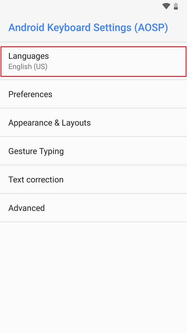 Android 키보드 설정 메뉴에서 '언어'를 탭합니다.