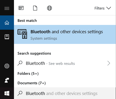 Typ Bluetooth in Windows Search en klik vervolgens op Bluetooth en andere apparaatinstellingen