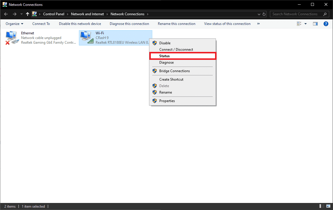 fare clic con il pulsante destro del mouse sul Wi-Fi a cui è attualmente connesso il computer e selezionare Stato dal menu delle opzioni.