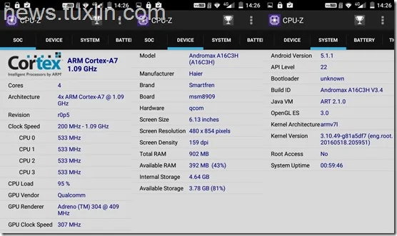 Benchmark Andromax A A16C3H CPU-Z