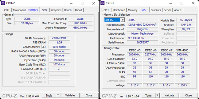 CPU-Z 展示的金士顿 FURY Beast DDR5-4800 32GB 详情