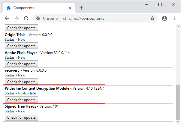 Widevine ContentDecryptionModuleの下にある[Checkforupdate]をクリックします