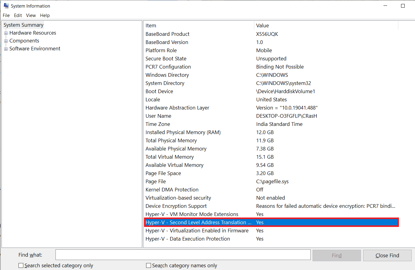 Revise las entradas de Extensiones de traducción de direcciones de segundo nivel de tipo de sistema y Hyper-V