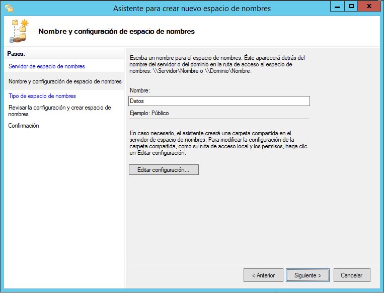 Crear espacio de nombres en DFS de Windows Server 2012 R2