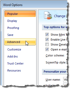 Facendo clic su Avanzate nella finestra di dialogo Opzioni di Word in Word 2007