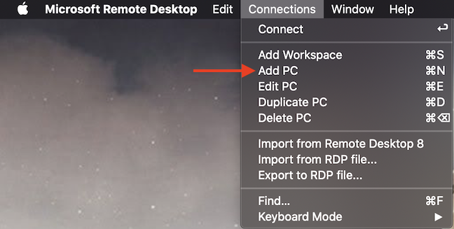 Vous pouvez ajouter un PC à partir du menu Connexions