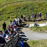 long lineup at the First Flieger Zipline on the FIRST mountain in Grindelwald, Switzerland 