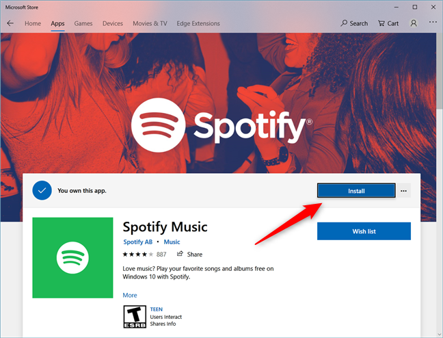 La page de l'application Spotify du Microsoft Store