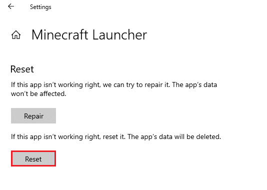 Klik op resetten.  Fix Minecraft-aanmeldingsfout in Windows 10