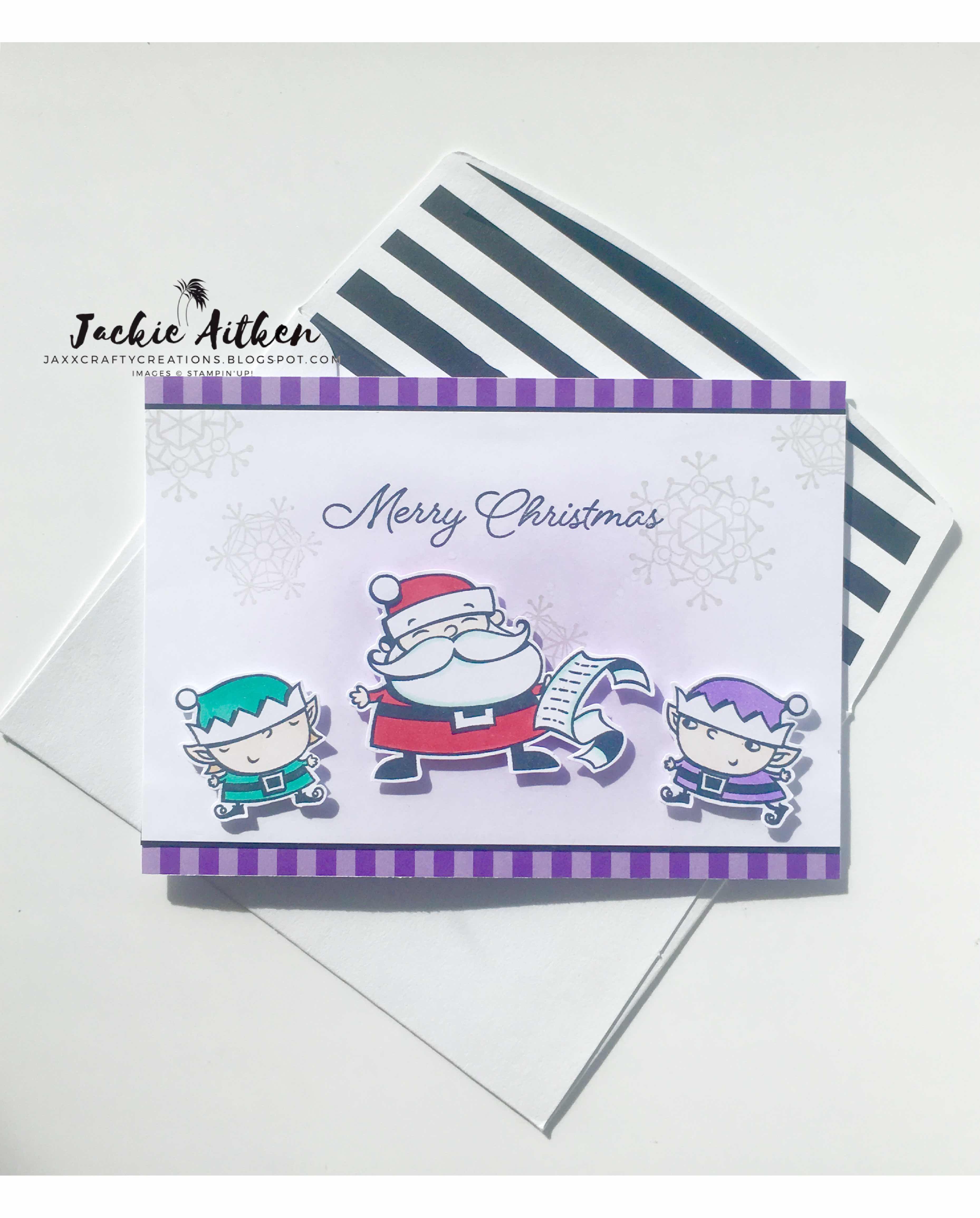 so santa stamp set, santa's workshop, stampin up, jaxx crafty creations, christmas card, brights 6x6 DSP pack