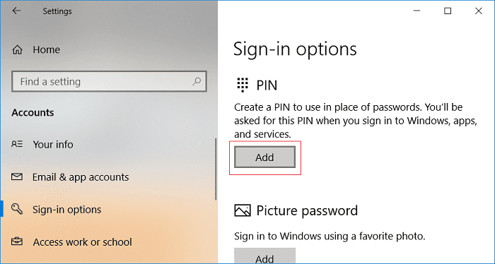 Klikněte na Přidat v části Možnosti přihlášení pomocí kódu PIN |  Jak přidat PIN ke svému účtu v systému Windows 10