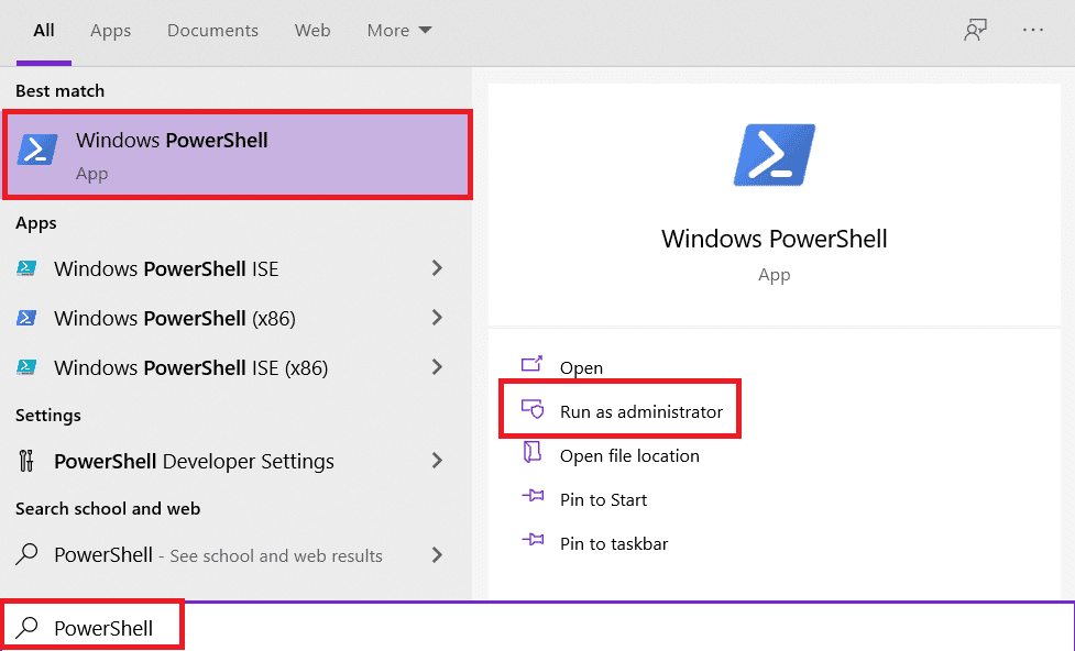 Uruchom Powershell, wyszukując go w pasku wyszukiwania systemu Windows