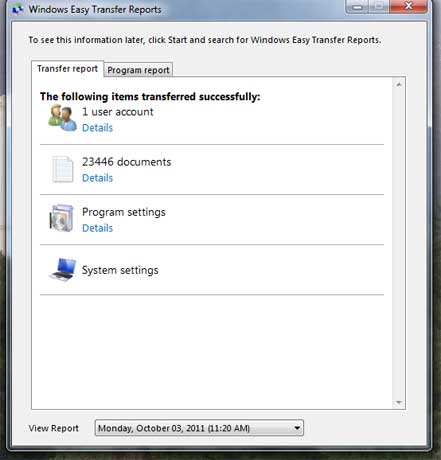 รายงาน Windows Easy Transfer