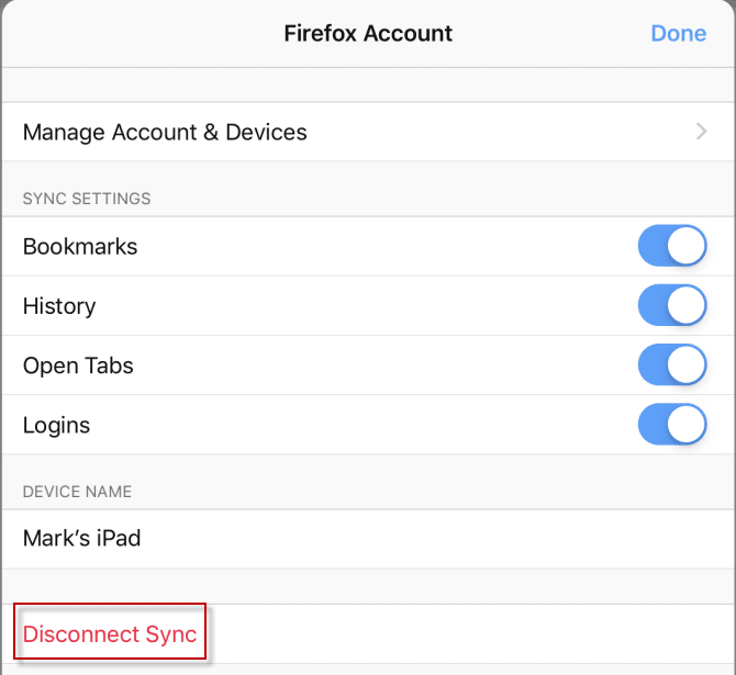 同期の切断が強調表示されたFirefoxアカウント