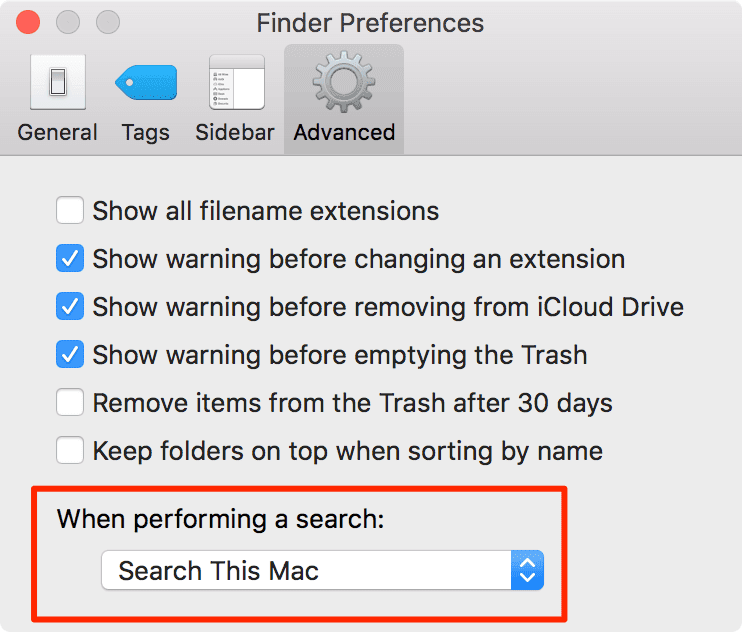 Finder 환경설정에서 강조 표시된 이 Mac 검색