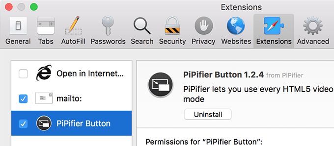 Pipifyer-knop Safari-extensievenster