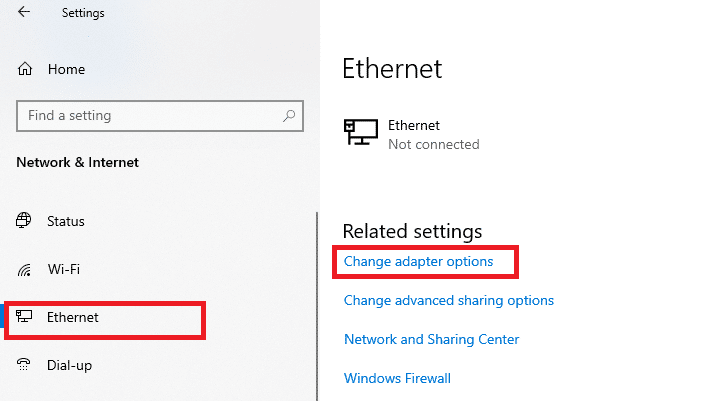 ตอนนี้ คลิกที่แท็บ Ethernet และเลือก Change adapter options ภายใต้ Related settings  แก้ไข ERR_CONNECTION_RESET บน Chrome