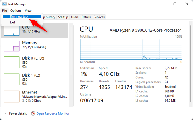 เรียกใช้งานใหม่ใน Task Manager