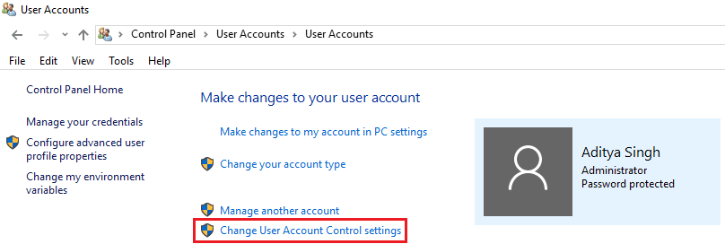kliknij Zmień ustawienia kontroli konta użytkownika