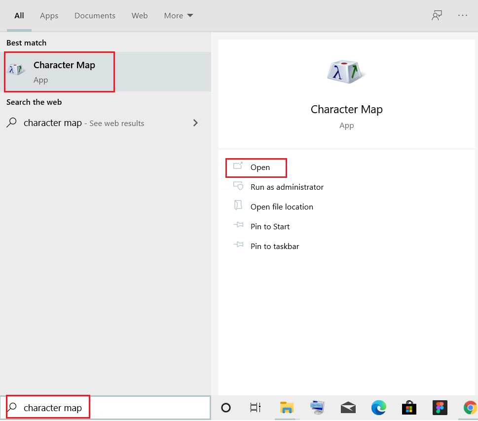 กดปุ่ม windows พิมพ์ character map แล้วคลิก Open