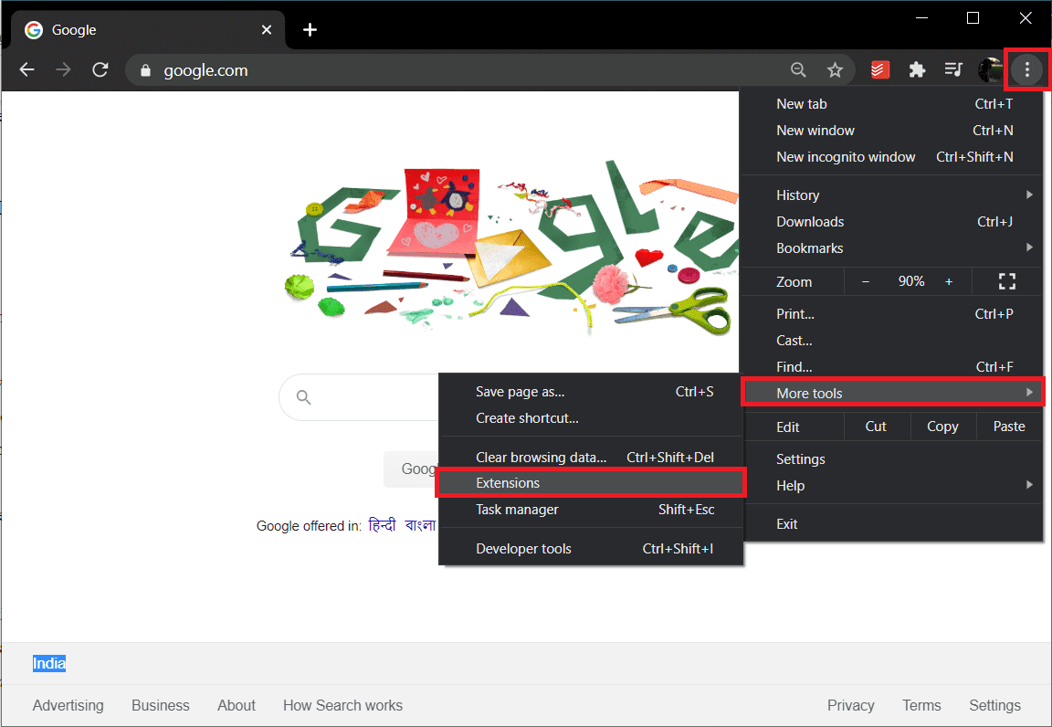 Passez votre souris sur Plus d'outils.  Cliquez sur Extensions |  Correction de Chrome ne se connectant pas à Internet