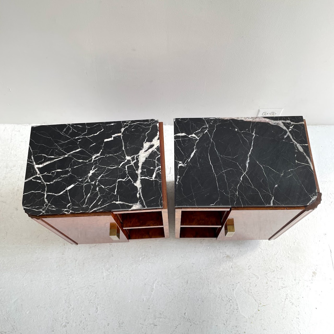 Art Deco Burlwood Marble Top End Table Pair